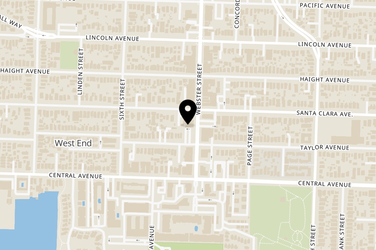 Map showing the location of Calafia Taqueria on 1445 Webster St in Alameda